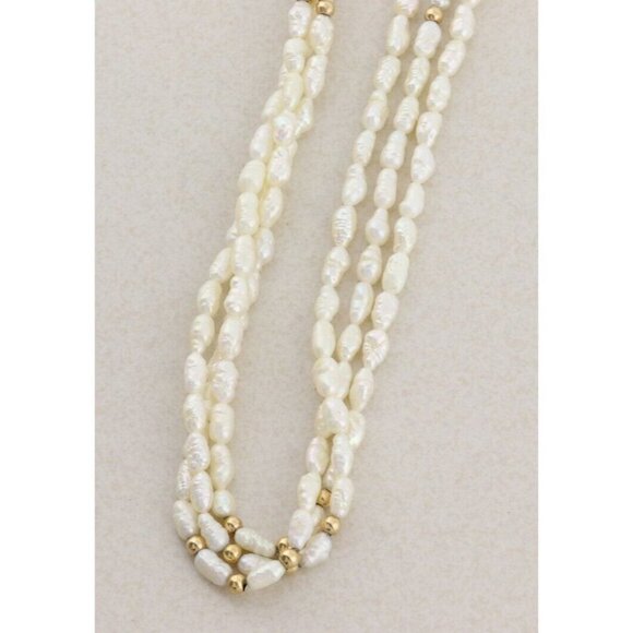 14k Yellow Gold Rice Pearl Gold Bead Three Strand Long 30" Necklace - Picture 3 of 8